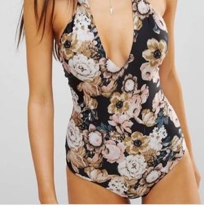 Beach Riot black Floral one piece halter swimsuit